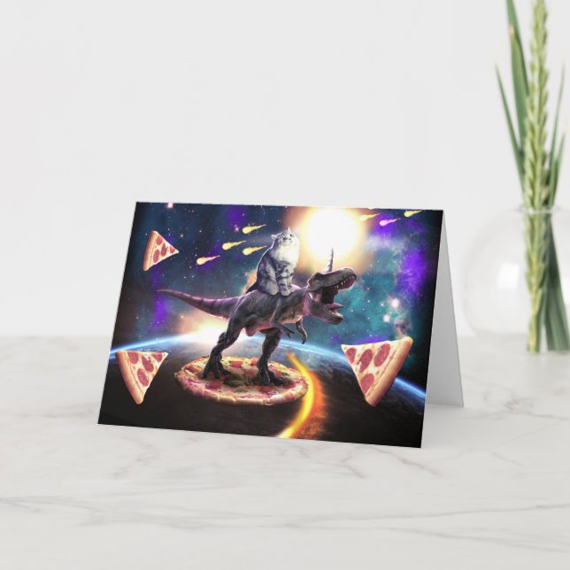 Carte Chat équitation dinosaure licorne dans l'espace (Devant)