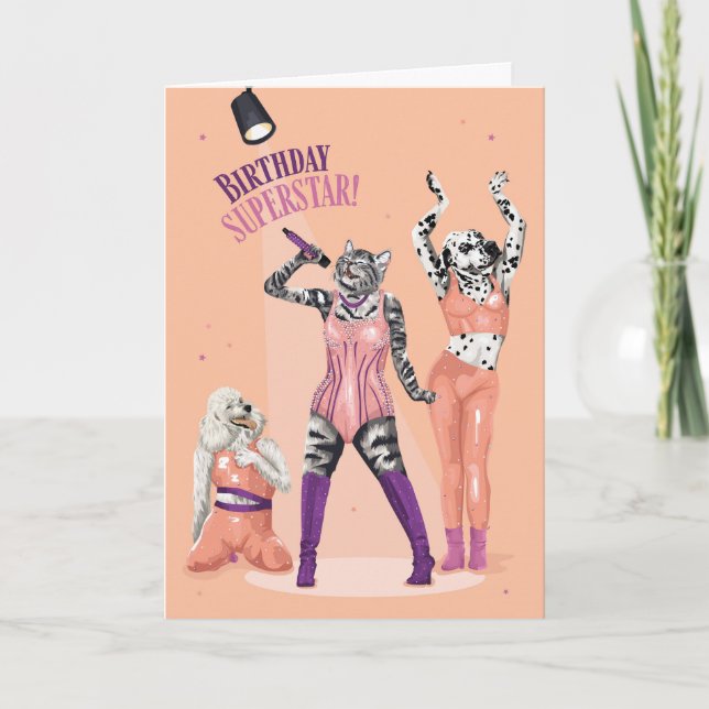 Carte Chat et chien Anniversaire Superstar (Devant)