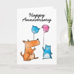 Carte Chat et chien avec Balloons Anniversaire Card