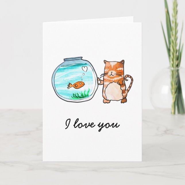 Carte chat et poisson rouge amoureux (Devant)