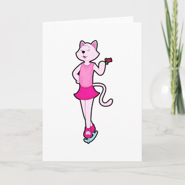 Carte Chat faisant du patin à glace avec Fleur (Devant)