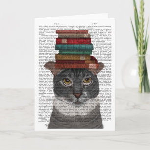 Carte Chat gris avec des livres sur la tête