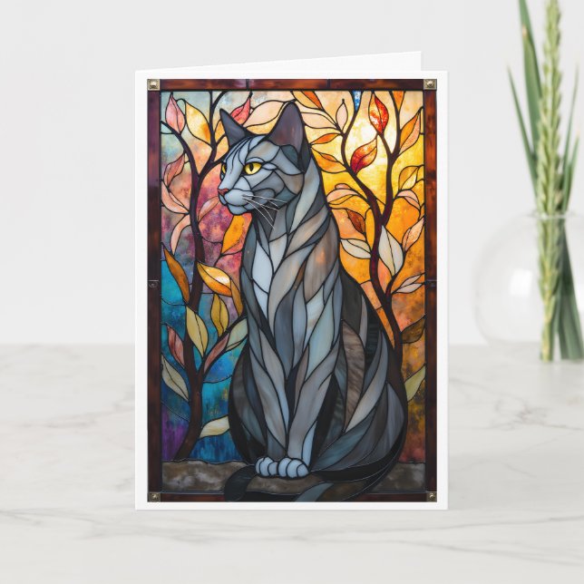 Carte Chat gris avec feuilles de style vitrail (Devant)