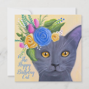 Carte Chat gris avec Fleurs Art Whimsical