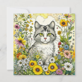 Carte Chat gris et blanc Kitty assis en fleurs Bonjour