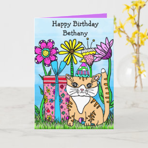 Carte Chat Kitty Art folklorique et fleurs colorées