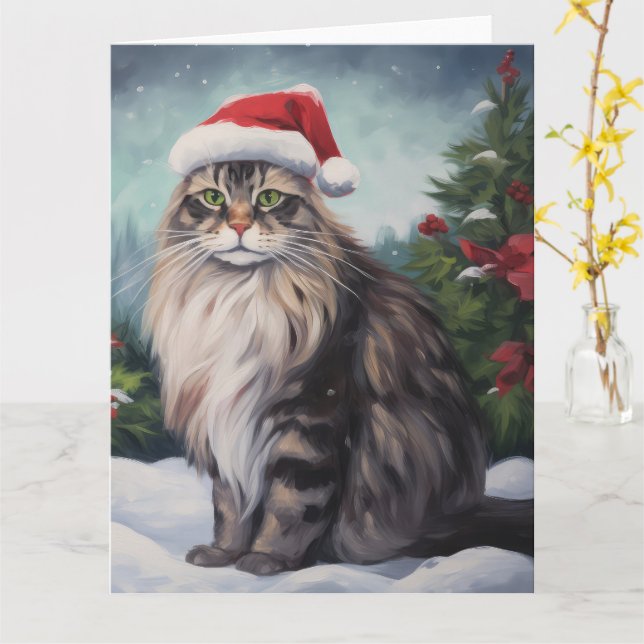 Carte Chat Maine Coon à Noël de neige (Fleur jaune)