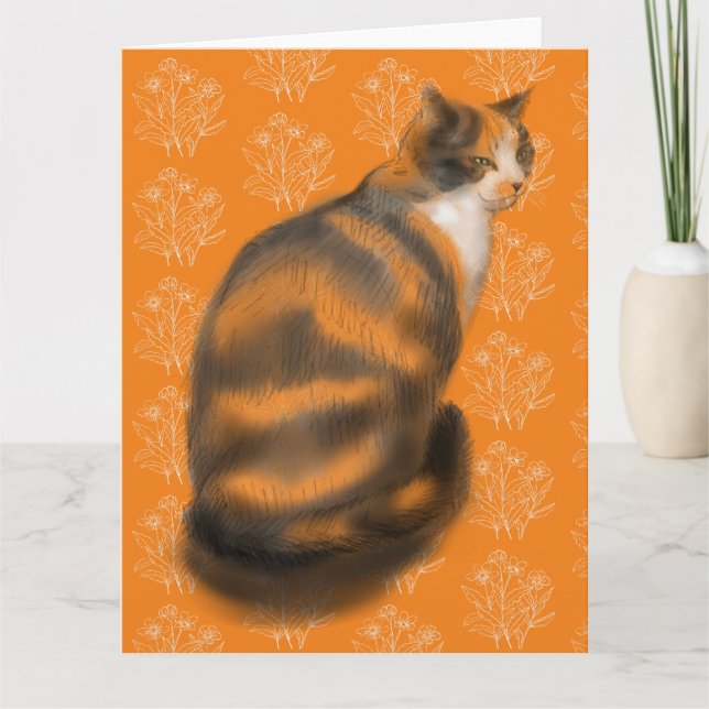 Carte Chat Marmalade avec arrière - plan floral (Devant)