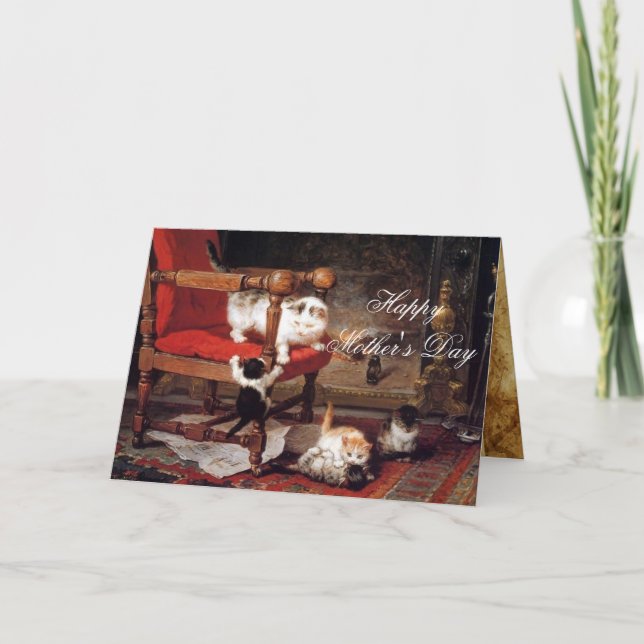 Carte CHAT MÈRE JOUER AVEC DES CUISINES / Fête des mères (Devant)