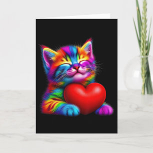 Carte Chat Mignon Arc-en-Ciel Câlinant un Cœur de la Sai