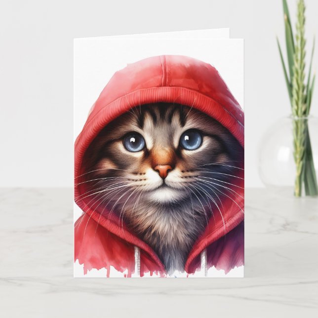 Carte Chat mignon en Sweat - shirt à capuche rouge Aquar (Devant)