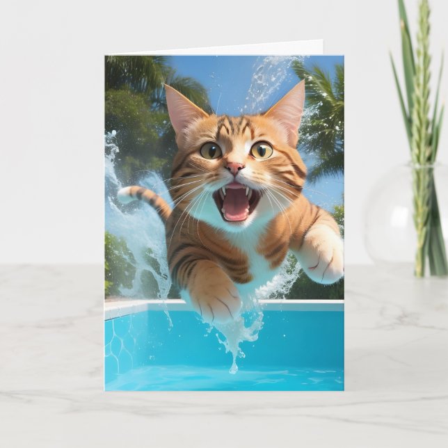 Carte Chat mignon nageant en plongée dans une piscine dr (Devant)