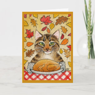 Carte Chat mignon Thanksgiving Turquie automne Feuilles