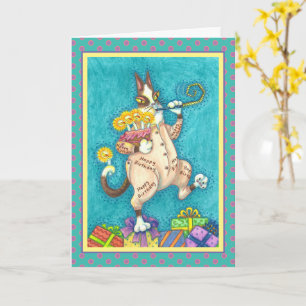 CARTE CHAT N'FITZ EN COUCHER D'ANNIVERSAIRE, GÂTEAU ET B