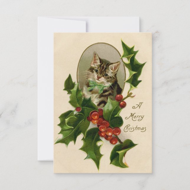 Carte Chat Noël Joyau Holly Kitten Art antique (Devant)
