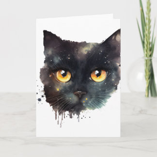 Carte Chat noir à l'aquarelle dégoulinante