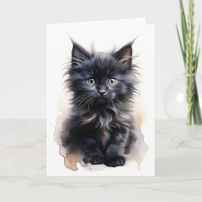 Carte Chat noir à poils longs et duveteux Aquarelle Vier (Devant)