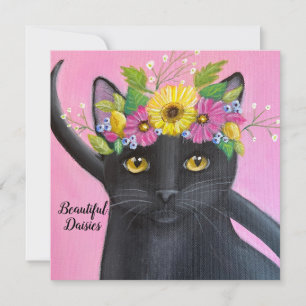 Carte Chat noir avec couronne de fleurs