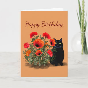 Carte Chat noir avec des pavots Anniversaire