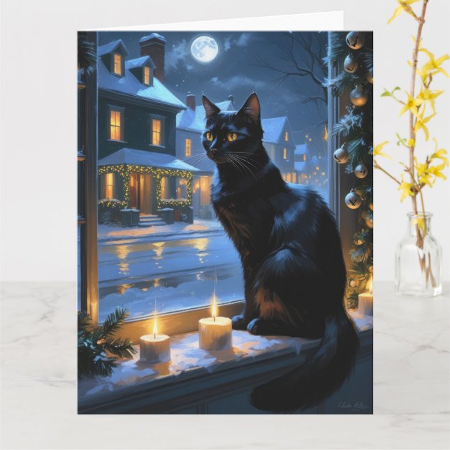 Carte Chat Noir Avec Flammes De Noël (Fleur jaune)