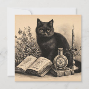 Carte Chat noir avec livres Illustration Vintage