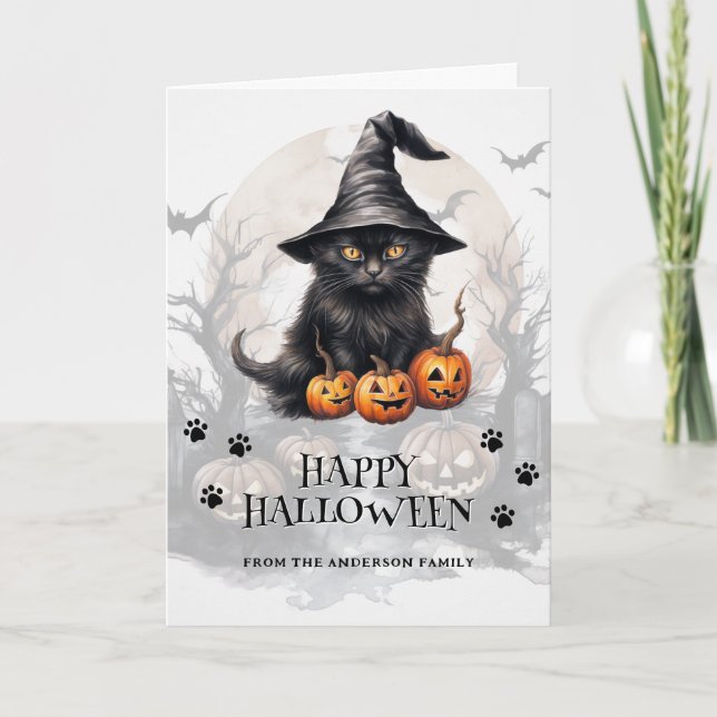 Carte Chat noir Citrouilles chauves-souris Pleine lune p (Devant)
