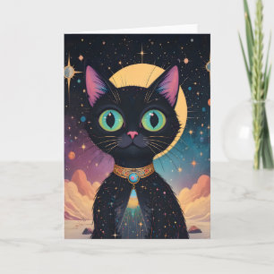 Carte Chat noir cosmique futuriste atomique en clair de 