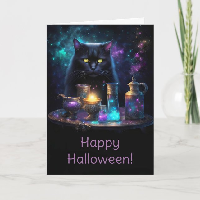 Carte Chat noir d'Halloween avec potions magiques mystiq (Devant)