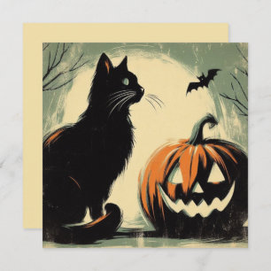 Carte Chat noir d'Halloween et Citrouille