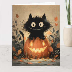 Carte Chat noir d'Halloween mignonne sur une Jack-o'lant
