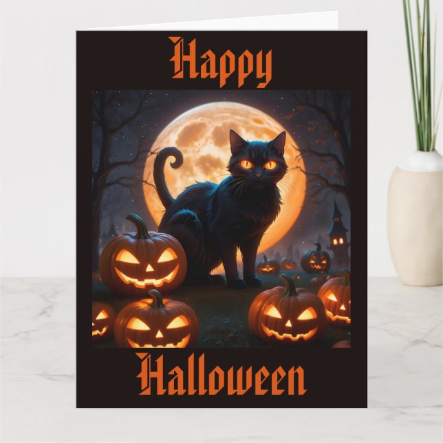 Carte Chat noir d'Halloween sous la lune de récolte (Devant)