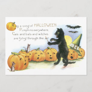 Carte Chat noir dirigeant la chorale de citrouilles de H