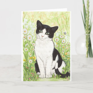 Carte Chat noir et blanc avec des marguerites