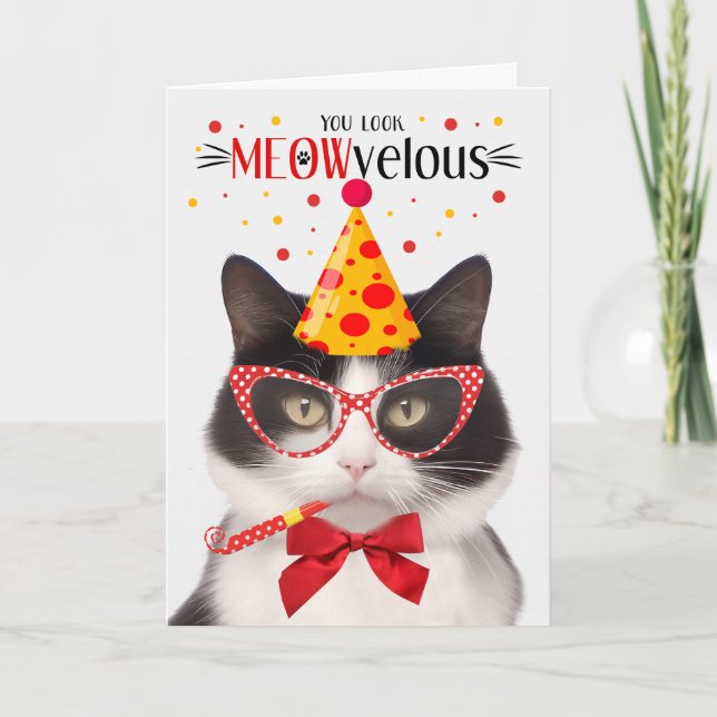 Carte Chat noir et blanc MEOWvelous Anniversaire (Devant)