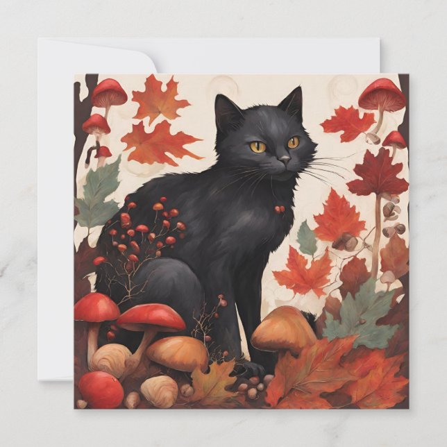 Carte Chat noir, forêt d'automne et champignons sauvages (Devant)