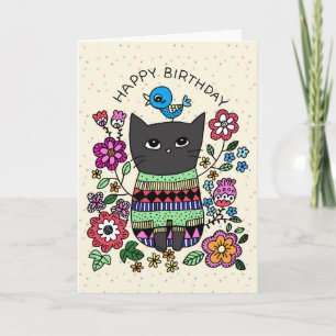 Carte Chat noir grumeux avec petit anniversaire de blueb