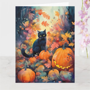 Carte Chat noir Halloween avec citrouilles effrayant