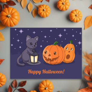 Carte Chat noir Halloween, citrouilles, lanterne sur vio