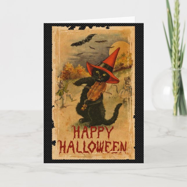 Carte Chat noir heureux de Halloween jouant des battes (Devant)
