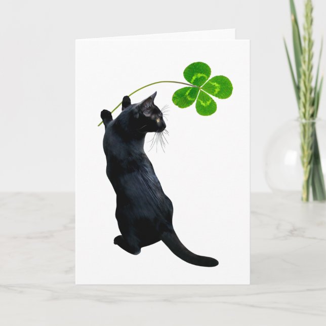 Carte Chat noir Lucky avec 4 feuilles de trèfle (Devant)