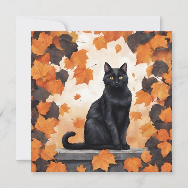 Carte Chat noir mignon et feuilles d'automne en chute (Devant)