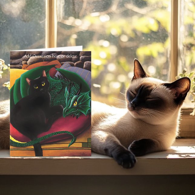 Carte Chat Noir Mystique Émeraude Dragon Vert Fantastiqu (Créateur téléchargé)