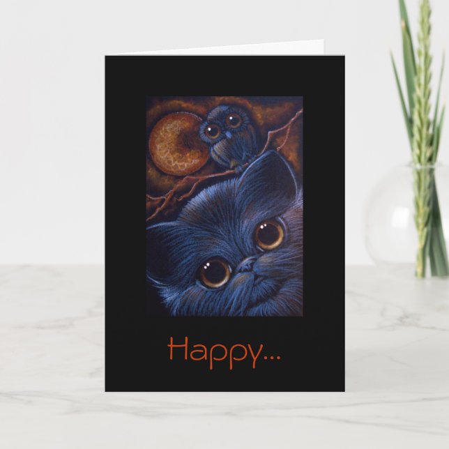 Carte CHAT NOIR & OWL HALLOWEEN NIGHT, Happy... (Devant)