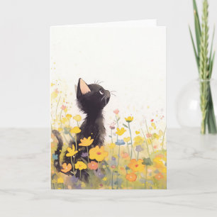 Carte Chat noir parmi les fleurs