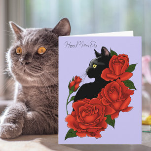 Carte Chat noir Roses rouges Lavande Fête des Mères auda