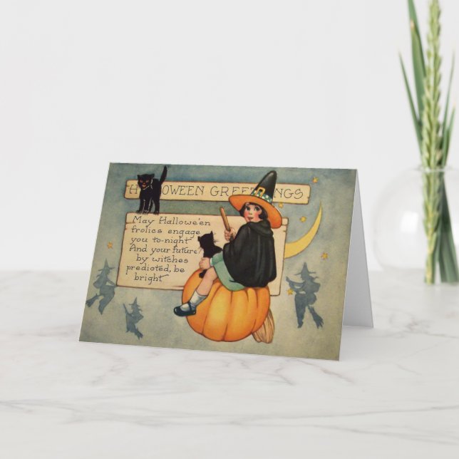 Carte Chat noir sorcier Citrouille Crescent Lune (Devant)