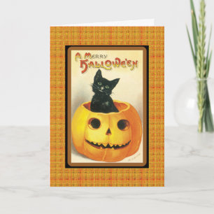 Carte Chat noir vintage en Citrouille Joyeux Halloween C