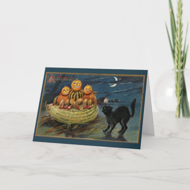 Carte Chat noir vintage Halloween Citrouille (Devant)
