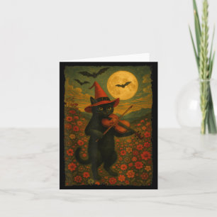 Carte Chat noir vintage Halloween jouant du violon dans
