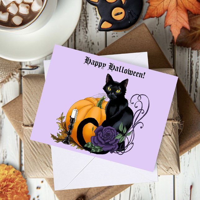 Carte Chat noir violet Rose Citrouille Halloween (Créateur téléchargé)